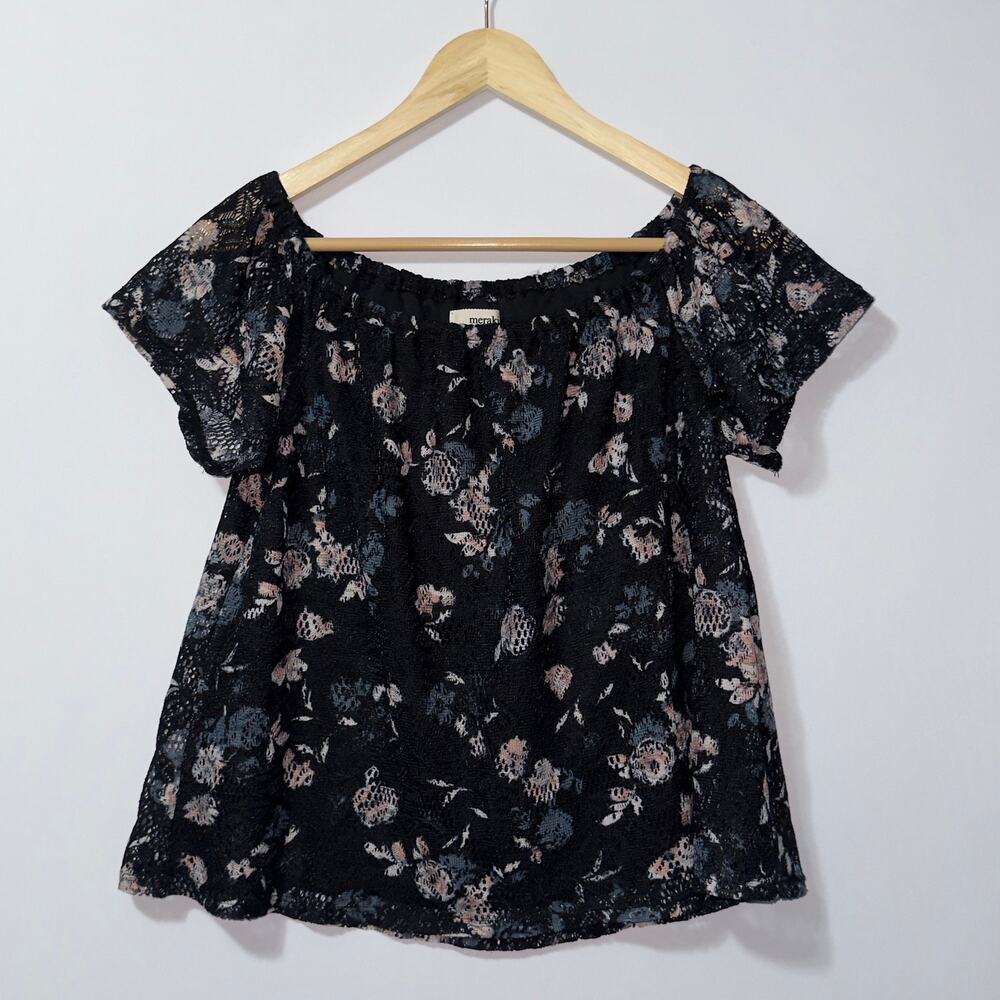 Meraki Black Floral Lace Off Shoulder Top Size Large
